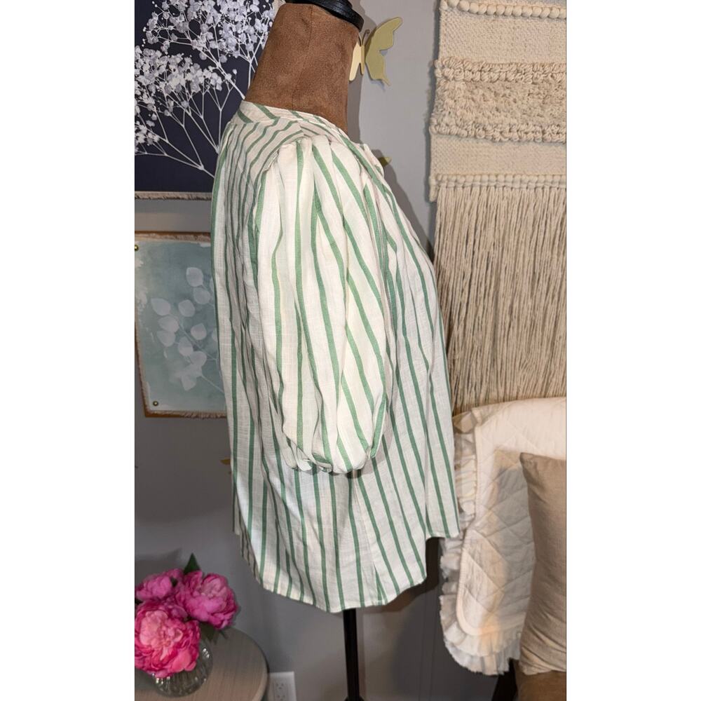 Vince Camuto Eucalyptus Green & White Striped Linen-Blend Blouse — Size M - Picture 4 of 12